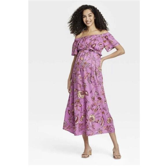 Isabel Maternity Off The Shoulder Floral Maxi Dress Violet Size L NWT - Picture 1 of 6